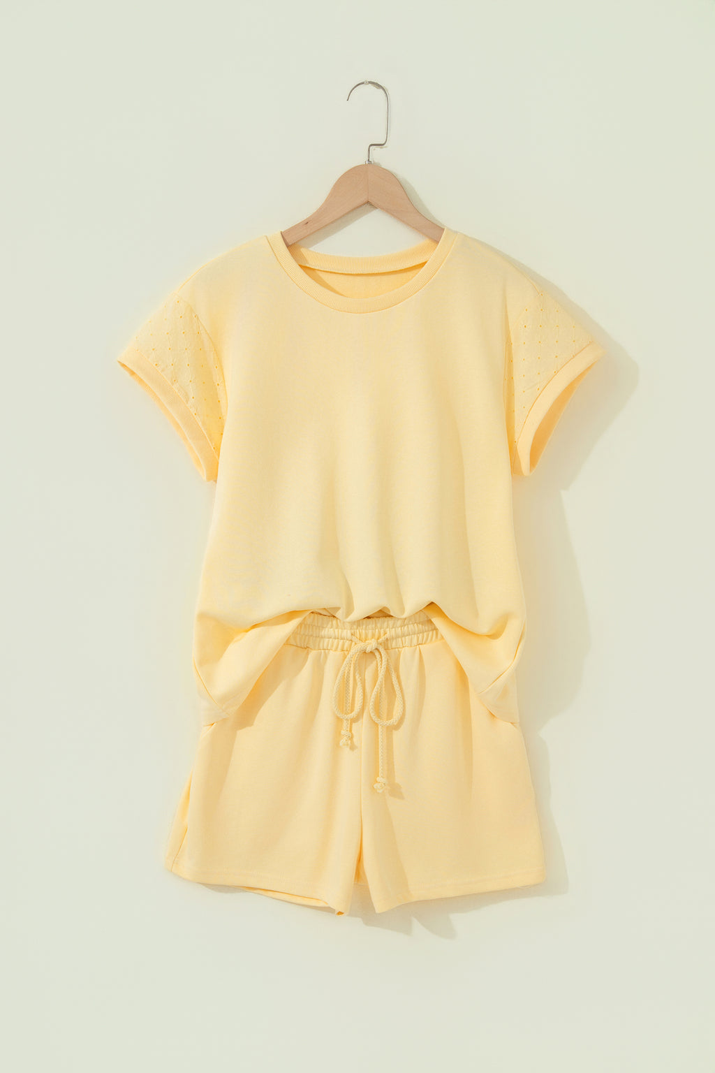 Yellow  Eyelet Lace Patchwork Sleeve Short 2pcs Outfit