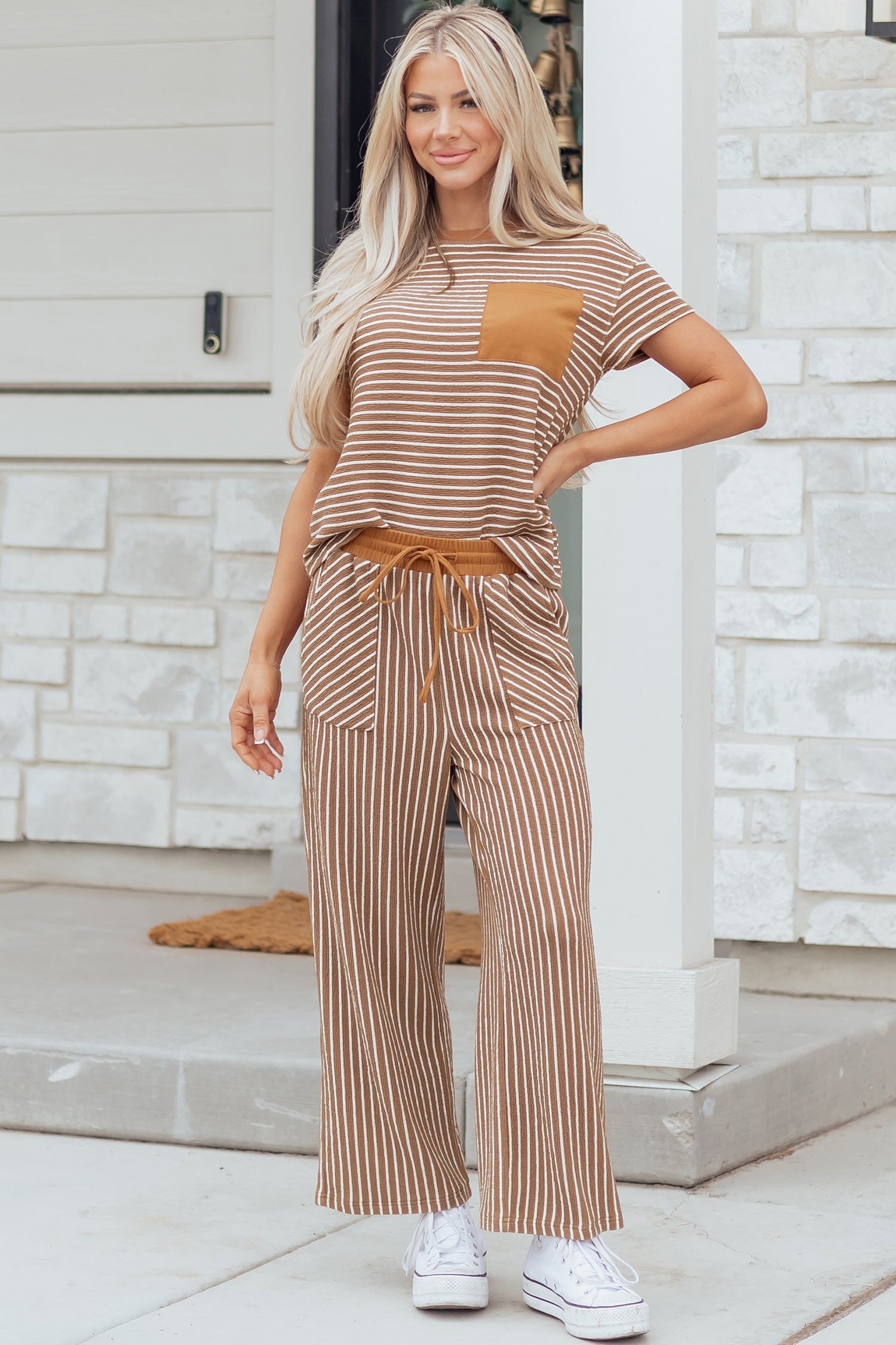 Green Stripe Crew Neck Tee Drawstring Waist Cropped Pants Set