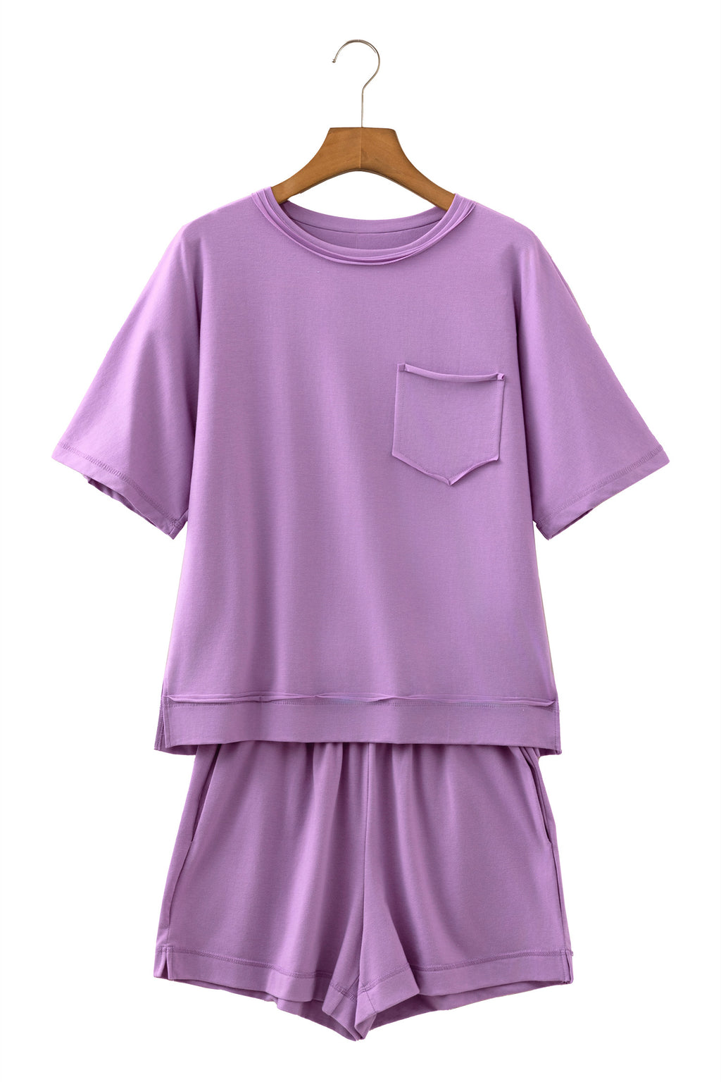 Strawberry Pink Raw Edge Patch Pocket Oversized Top and Shorts Set