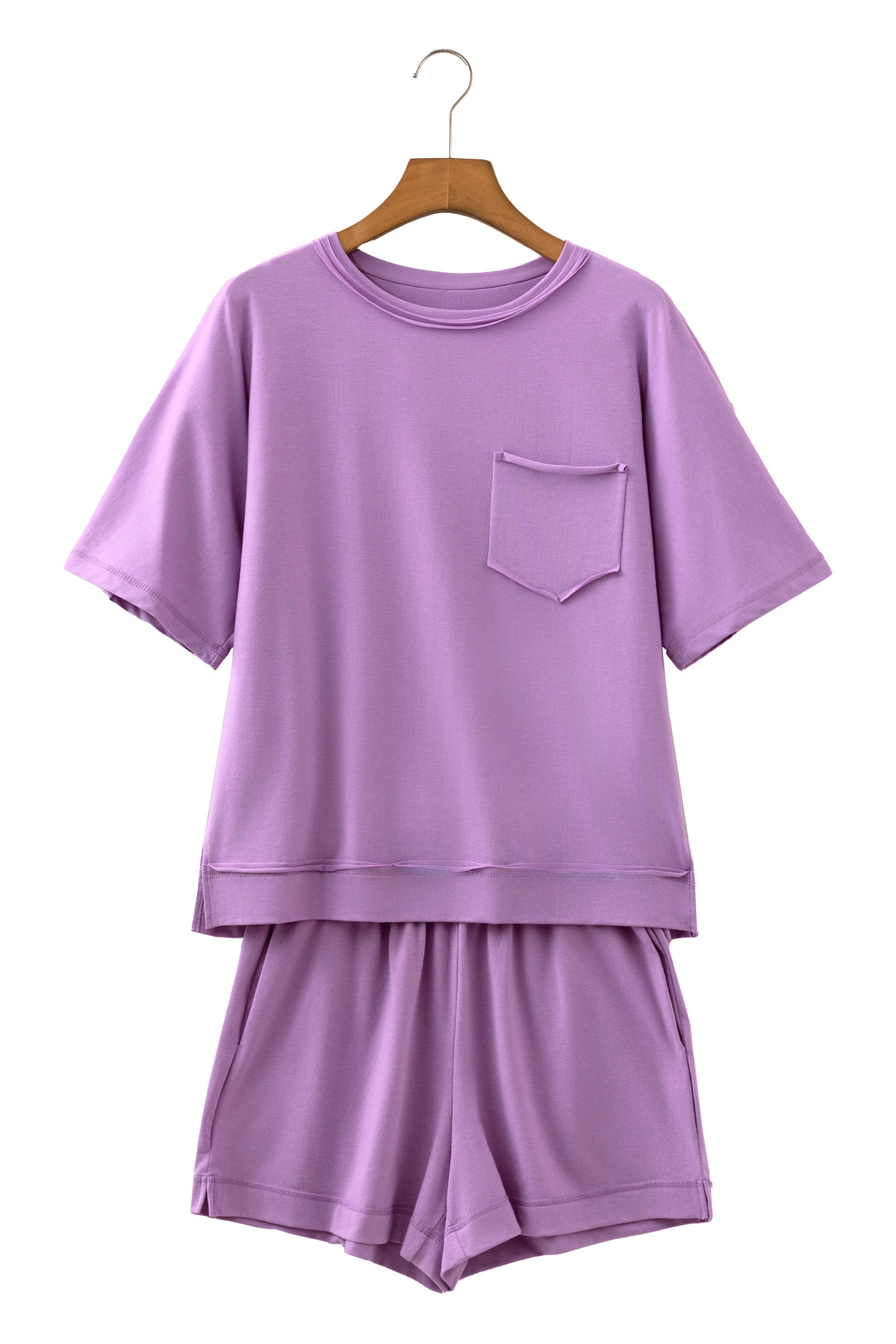 Strawberry Pink Raw Edge Patch Pocket Oversized Top and Shorts Set