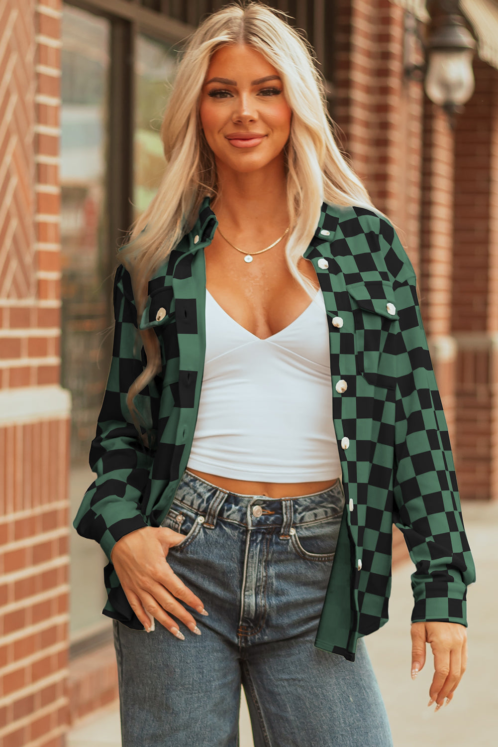 Black Checkerboard Flap Pocket Button Front Shacket