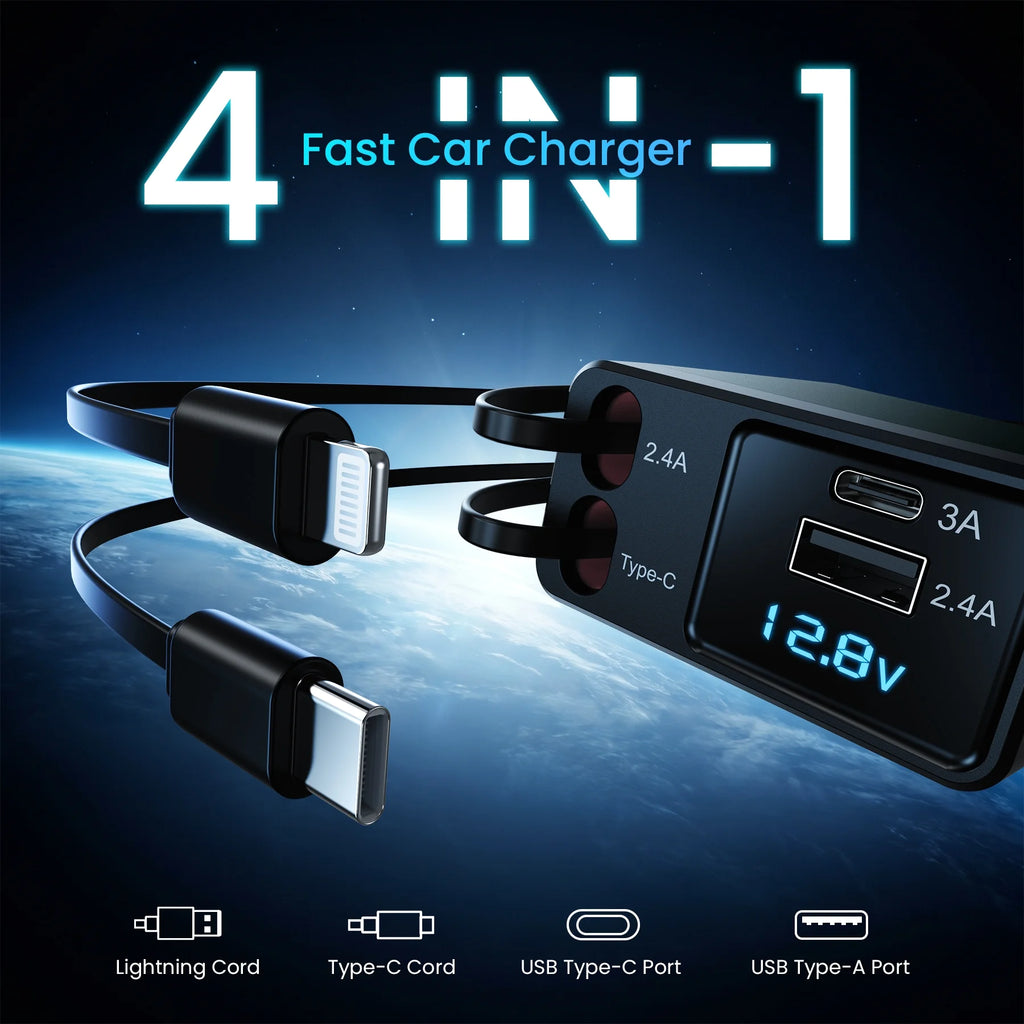Retractable Car Charger Adapter, 150W Fast Charger for Car, 4 in 1 Car Phone Charger with Cables(2.6Ft), 180° Adjustable,Voltage Display-Green