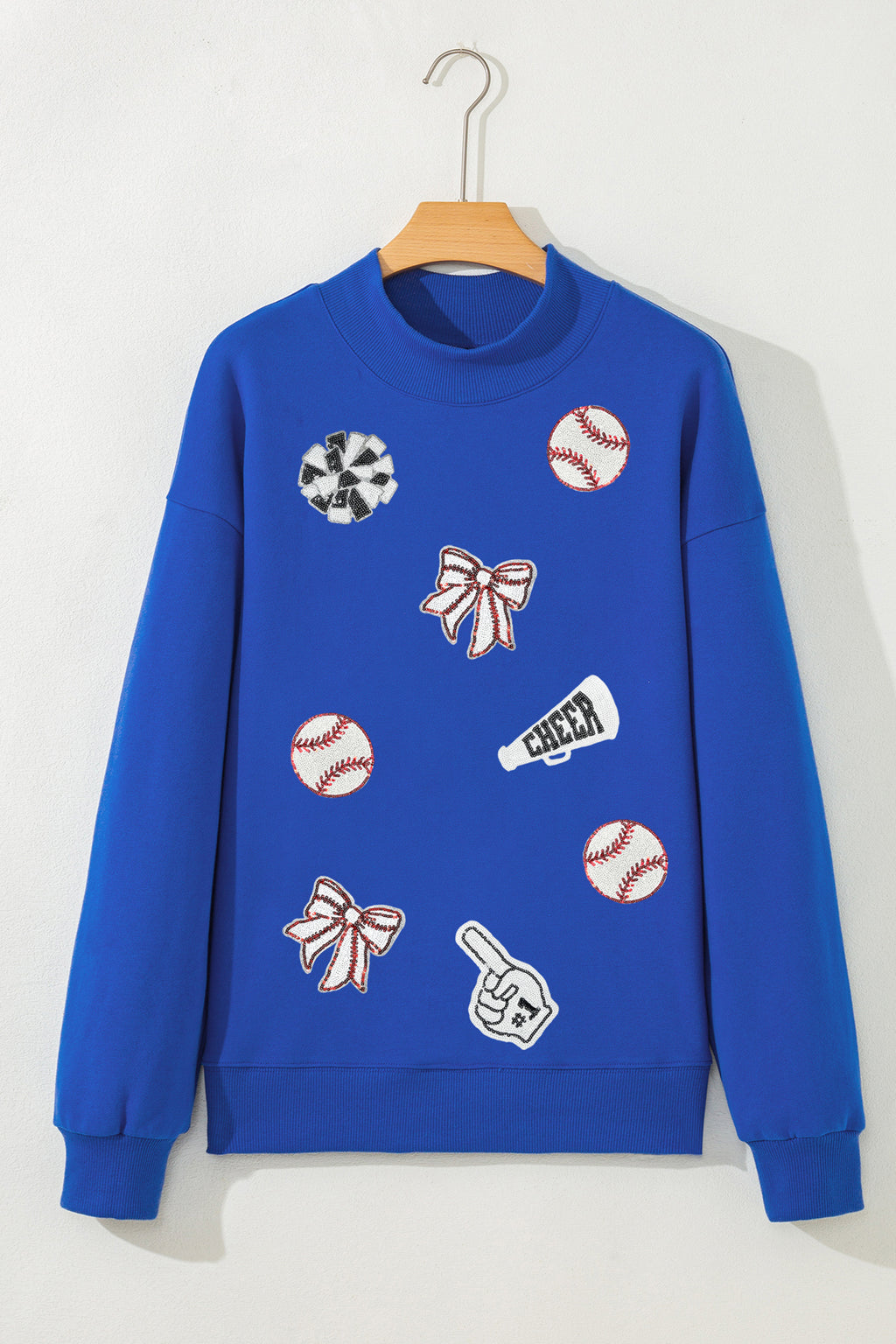 Dark Blue Sequin Baseball Game Day Elements Mock Neck Sweatshirt