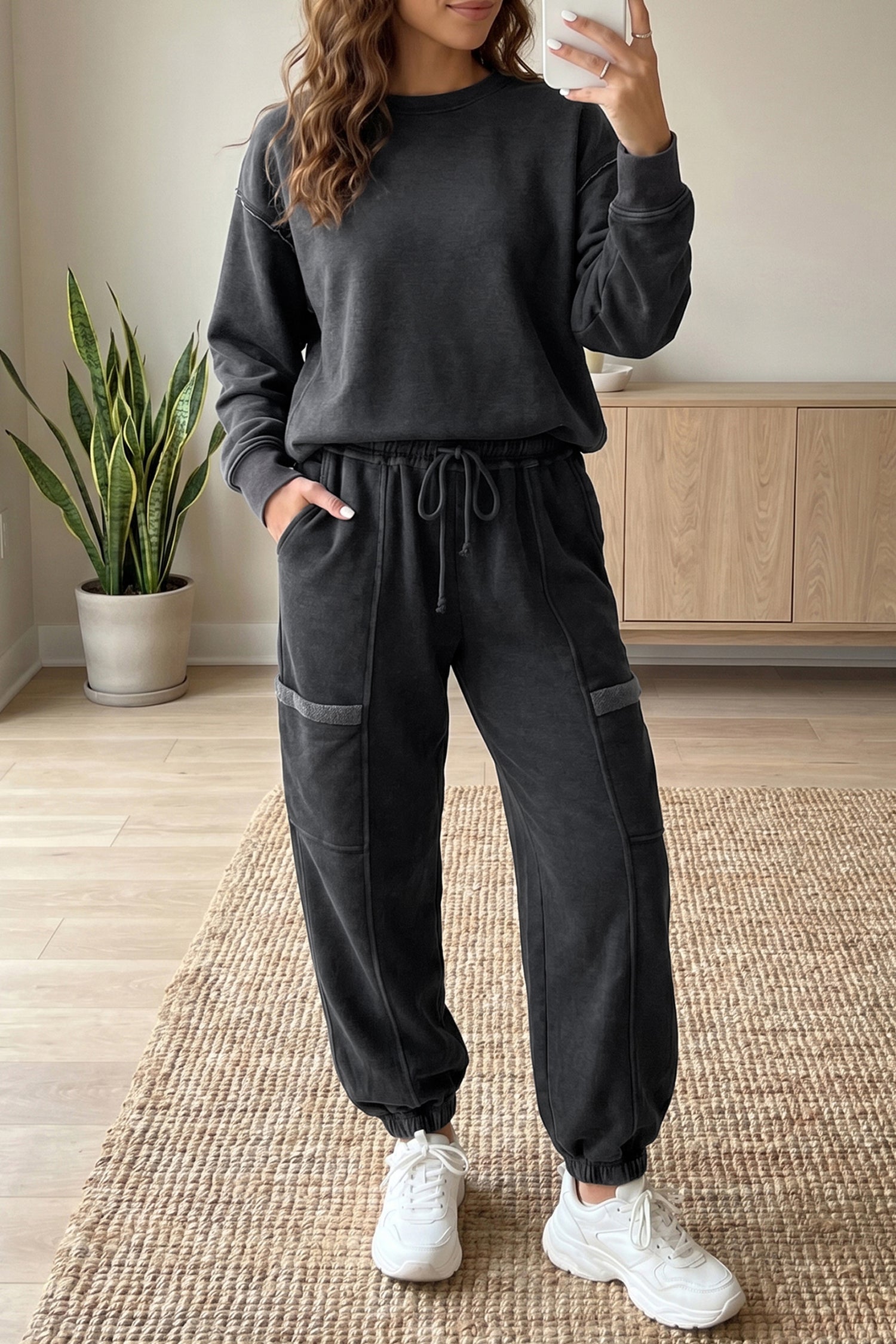 Carbon Grey Solid Colorblock Jogger Pants Set