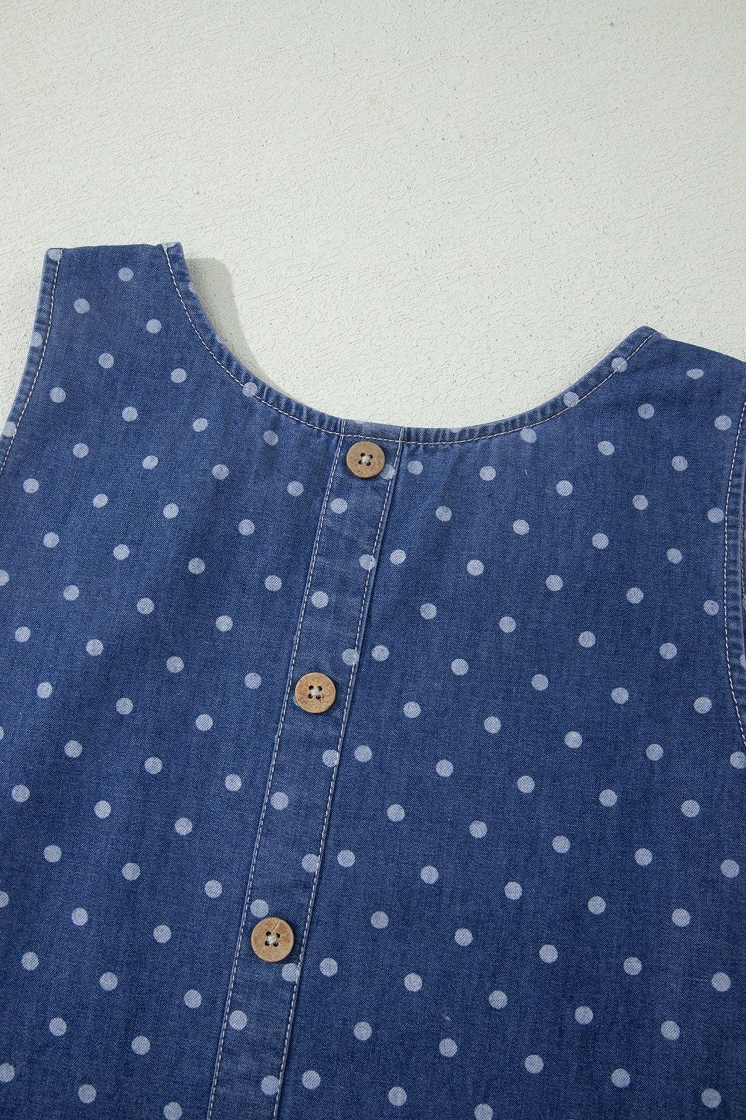 Blue Polka Dot Ruffle Hem Sleeveless Denim Mini Dress