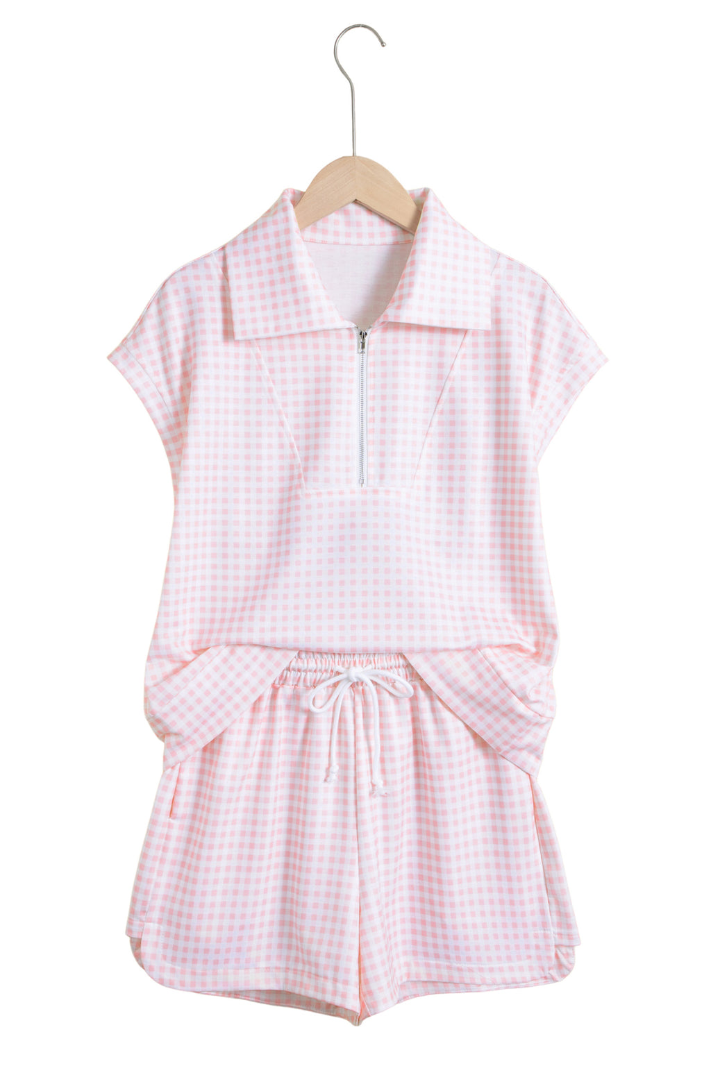 Pink Plaid Zip Neck Sleeveless Top Elastic Waist Shorts Casual Two Piece Short Set
