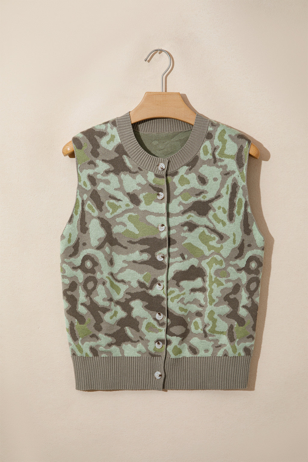 Green Camo Print Button Front Loose Sweater Vest