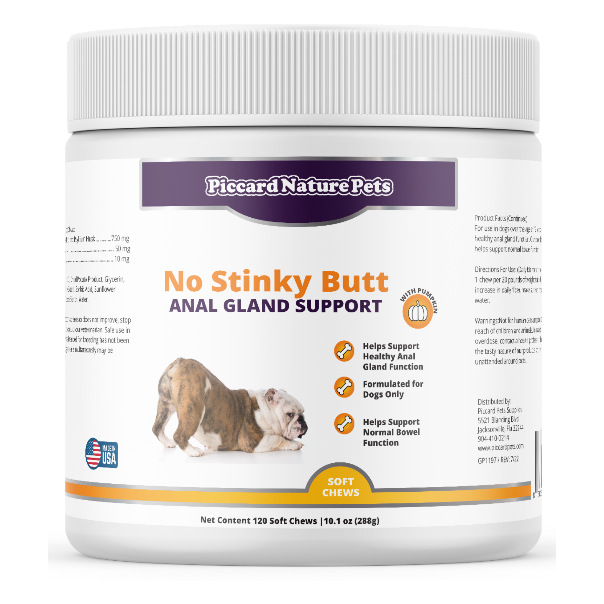 PiccardNaturePets No Stinky Butt Anal Gland Dog Support 120ct Chews + FREE Bandana!