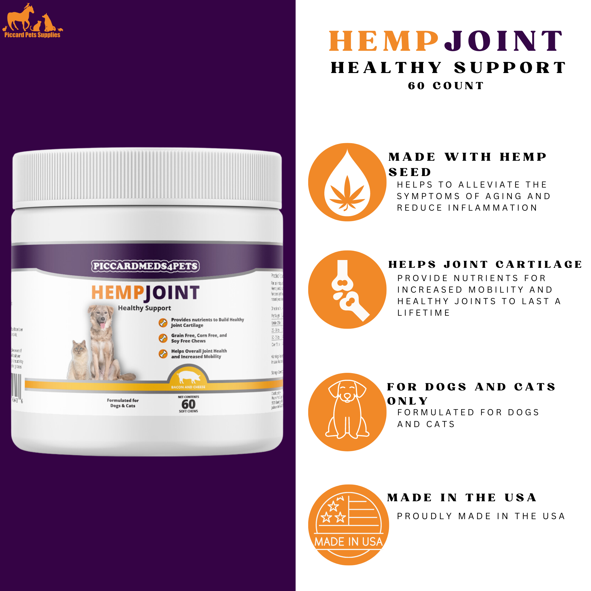 Piccardmeds4pets Hemp + MSM Joint Support Chews for Dogs and Cats 60CT + FREE Bandana!