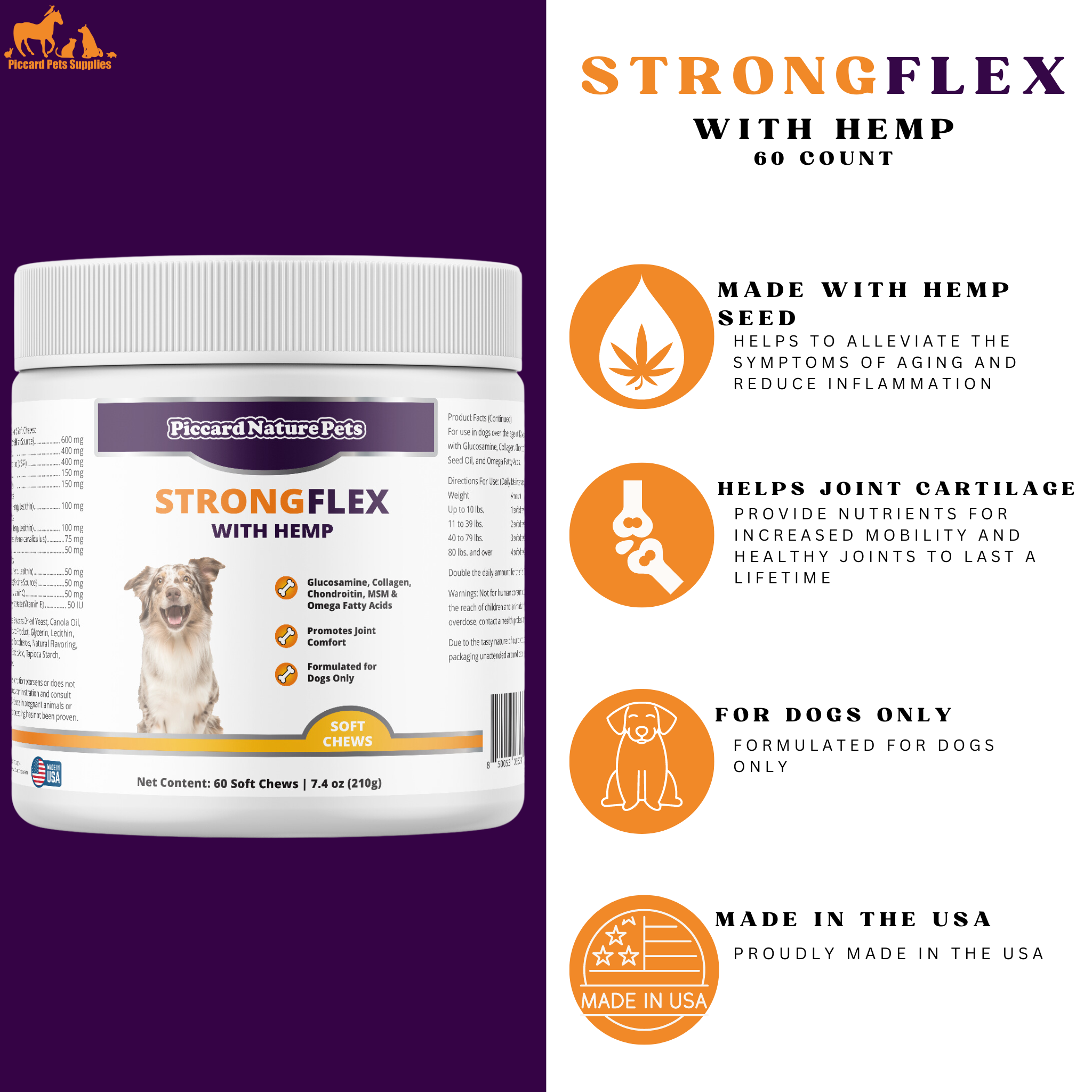 PiccardNaturePets StrongFlex Hemp Joint Support Dogs 60ct + FREE Bandana