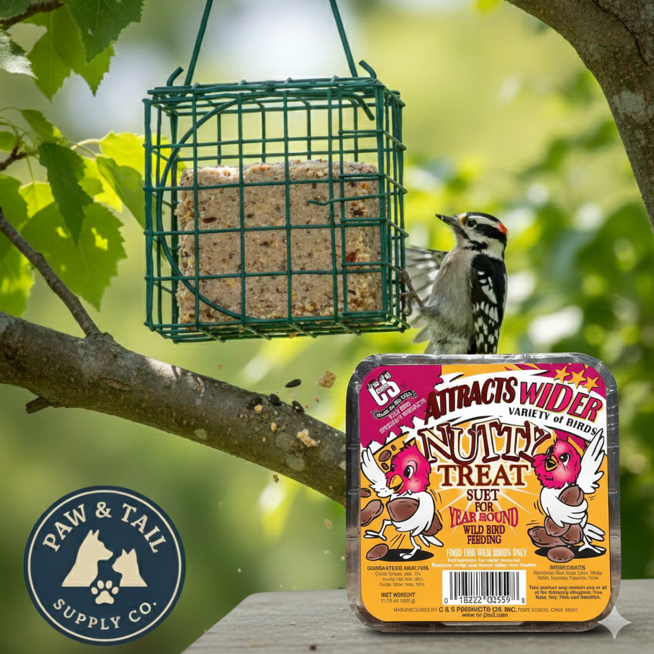 C&S Nutty Suet Treat Bird Cake 11.75 oz & Large Suet Basket Feeder Combo