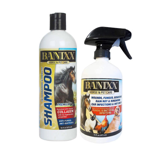 Banixx Shampoo & Spray 16 oz – Horse & Dog Skin & Coat Care Bundle