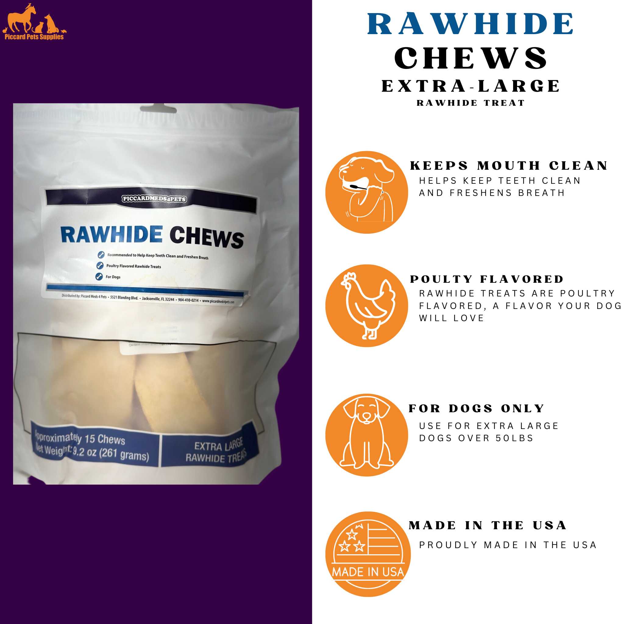 Piccardmeds4pets Rawhide Dental Chews XL Dogs 50lb+ Teeth Cleaning Treats