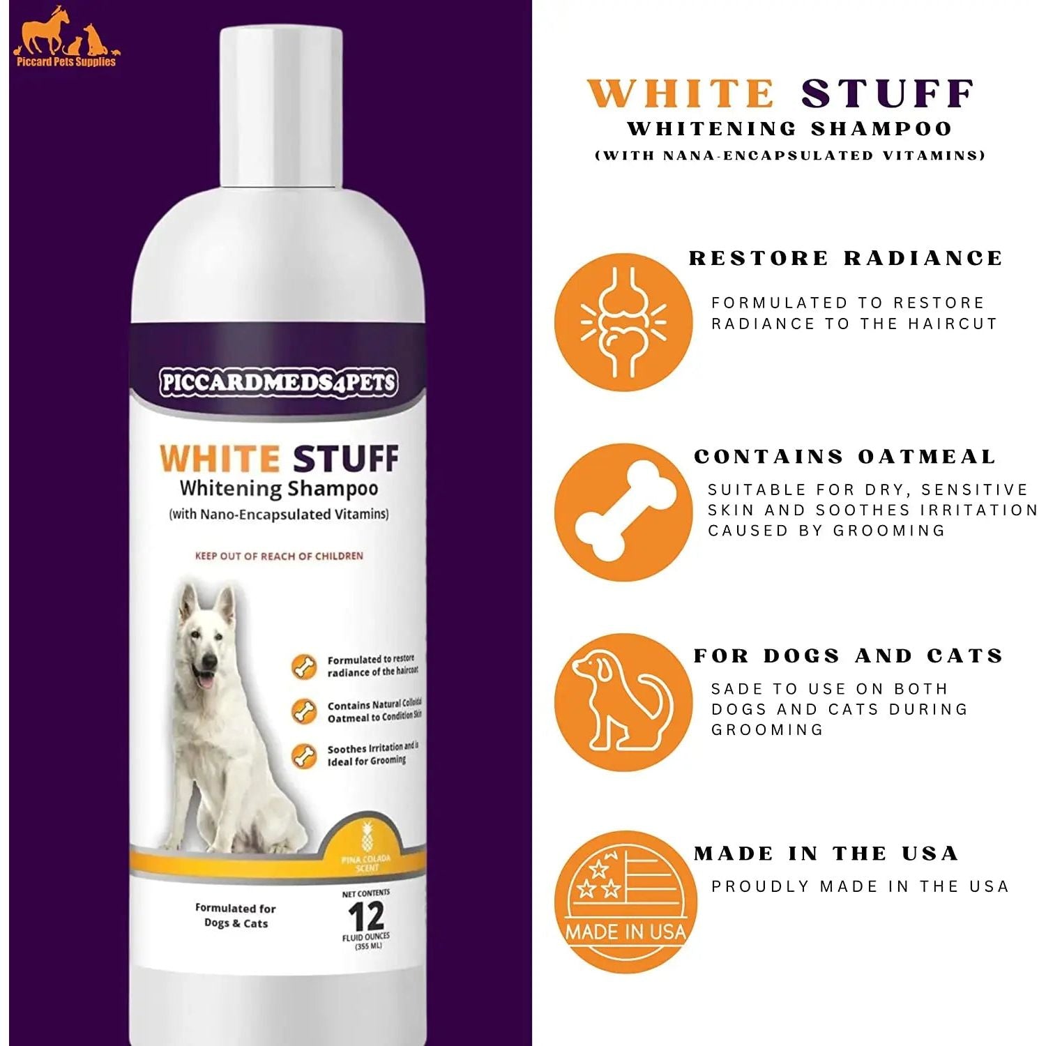 Piccardmeds4pets White-Stuff Coat Whitening Pet Shampoo 12 oz. + FREE Bandana!