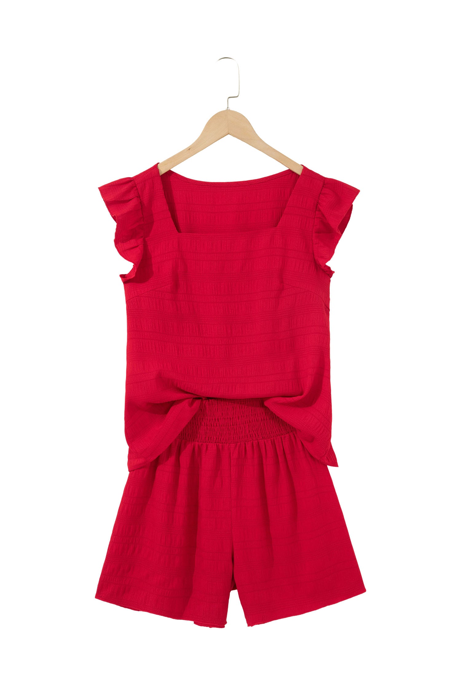 Peach Blossom Textured Square Neck Top and Shirred High Waist Shorts Set