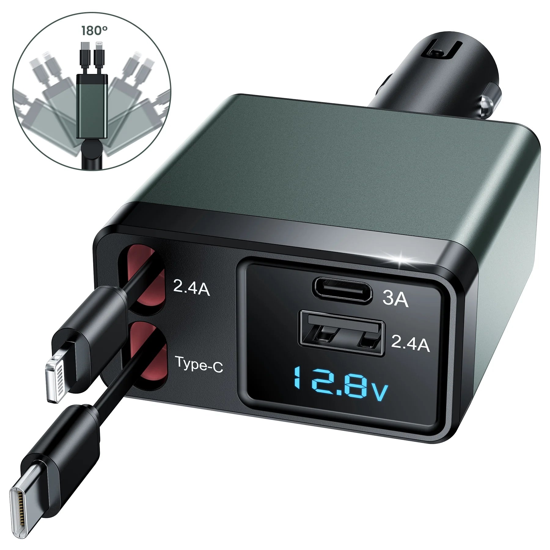 Retractable Car Charger Adapter, 150W Fast Charger for Car, 4 in 1 Car Phone Charger with Cables(2.6Ft), 180° Adjustable,Voltage Display-Green