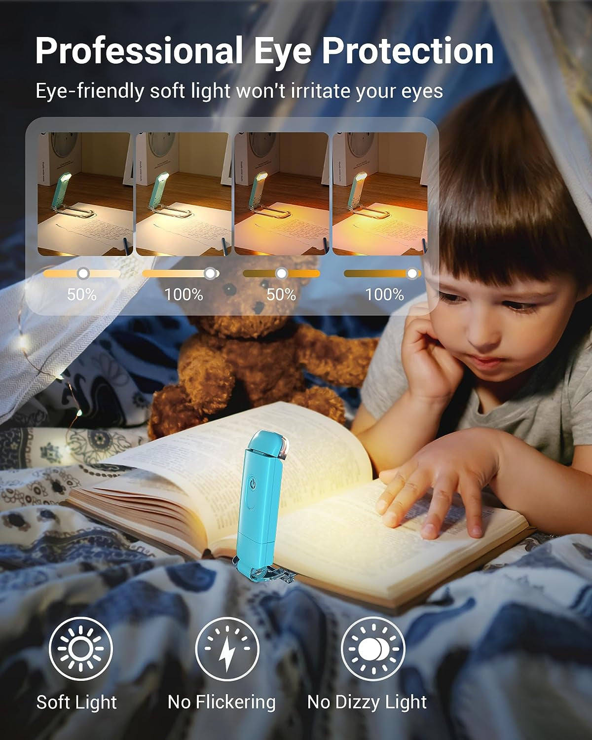 Book Reading Light with Clip, USB Rechargeble Booklight (Blue) | Brightness Adjustable, Amber & Warm White Glow, Flexible Lighting Angle, Sleep Aid Light for Kids, Bookworms, Adults