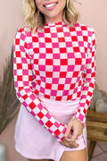 Rose Plaid Heart Mesh Sheer Long Sleeve High Neck Blouse