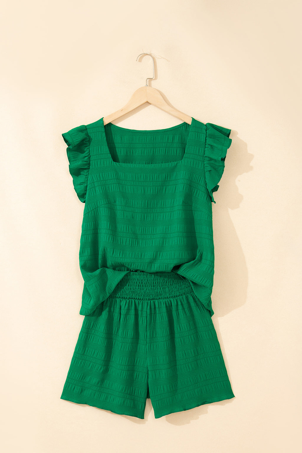 Peach Blossom Textured Square Neck Top and Shirred High Waist Shorts Set
