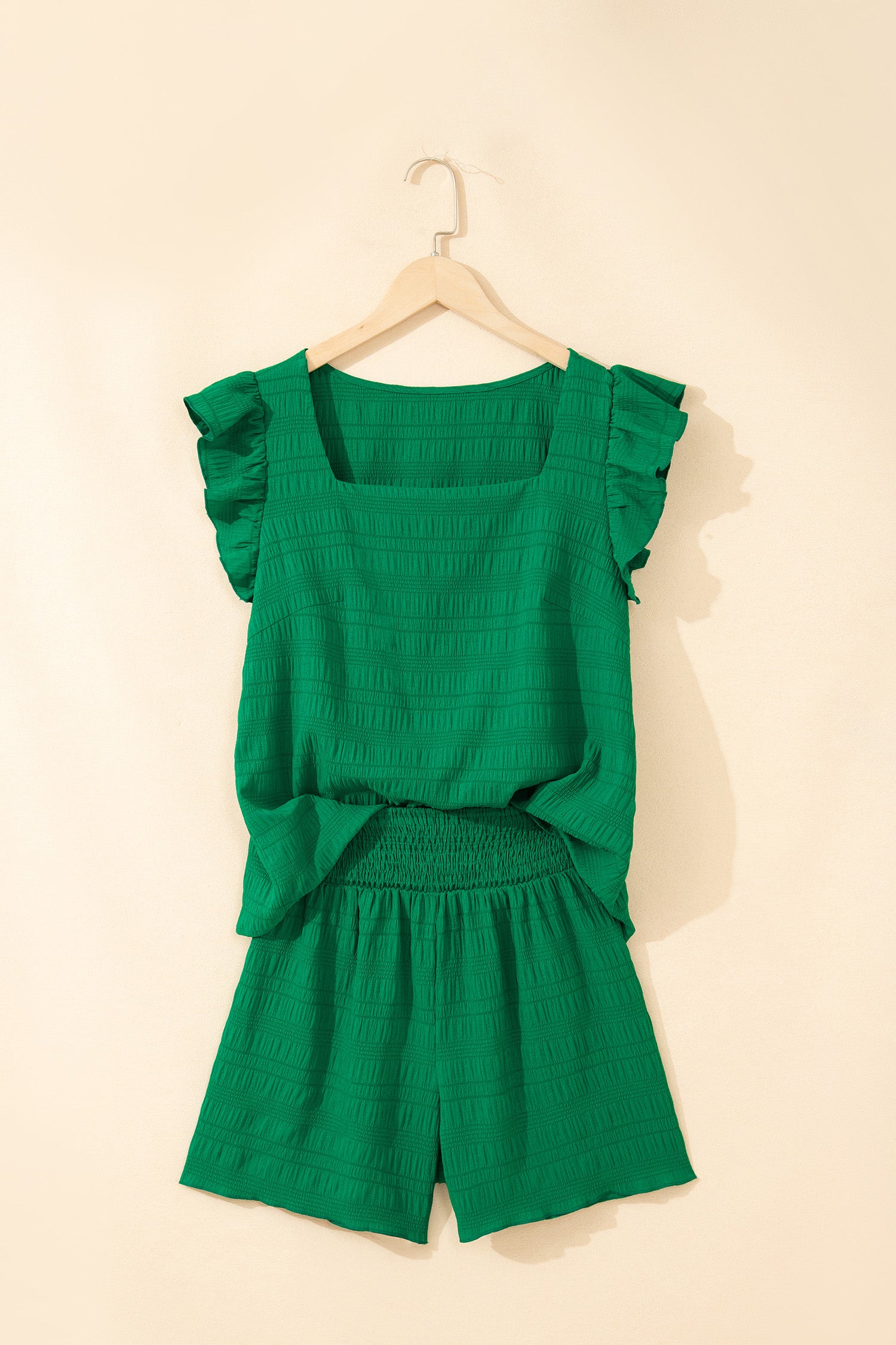 Peach Blossom Textured Square Neck Top and Shirred High Waist Shorts Set