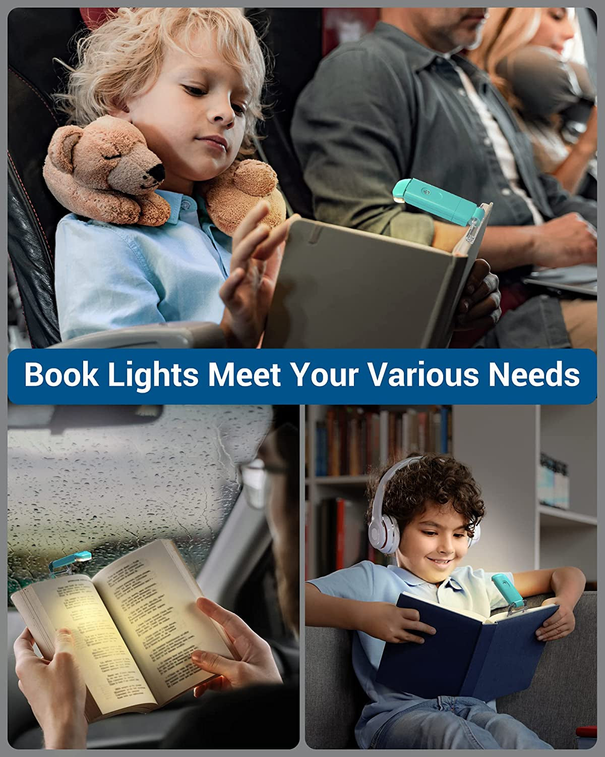 Book Reading Light with Clip, USB Rechargeble Booklight (Blue) | Brightness Adjustable, Amber & Warm White Glow, Flexible Lighting Angle, Sleep Aid Light for Kids, Bookworms, Adults