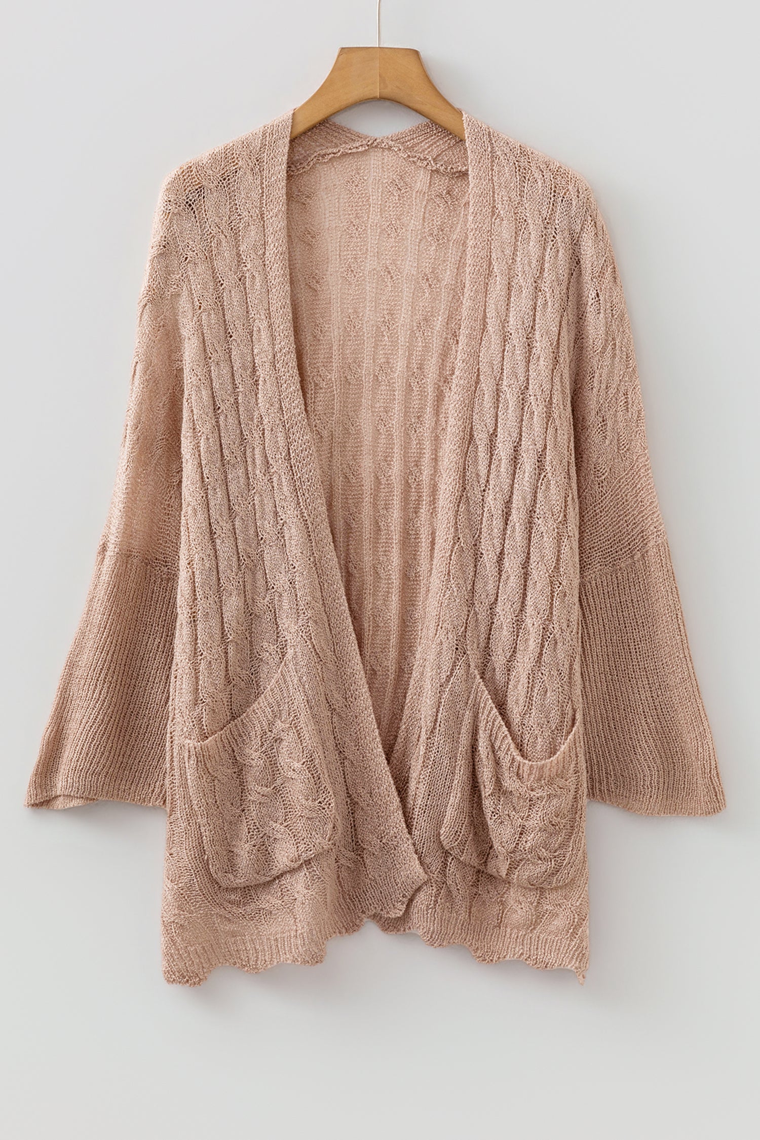 Old Rose Drop Shoulder Crochet Knit Open Front Cardigan
