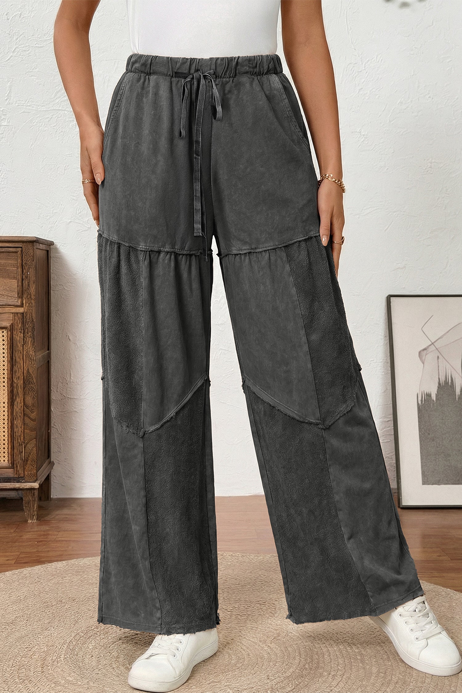 Vineyard Green Mineral Wash Tiered Wide Leg Patchwork Drawstring Pants