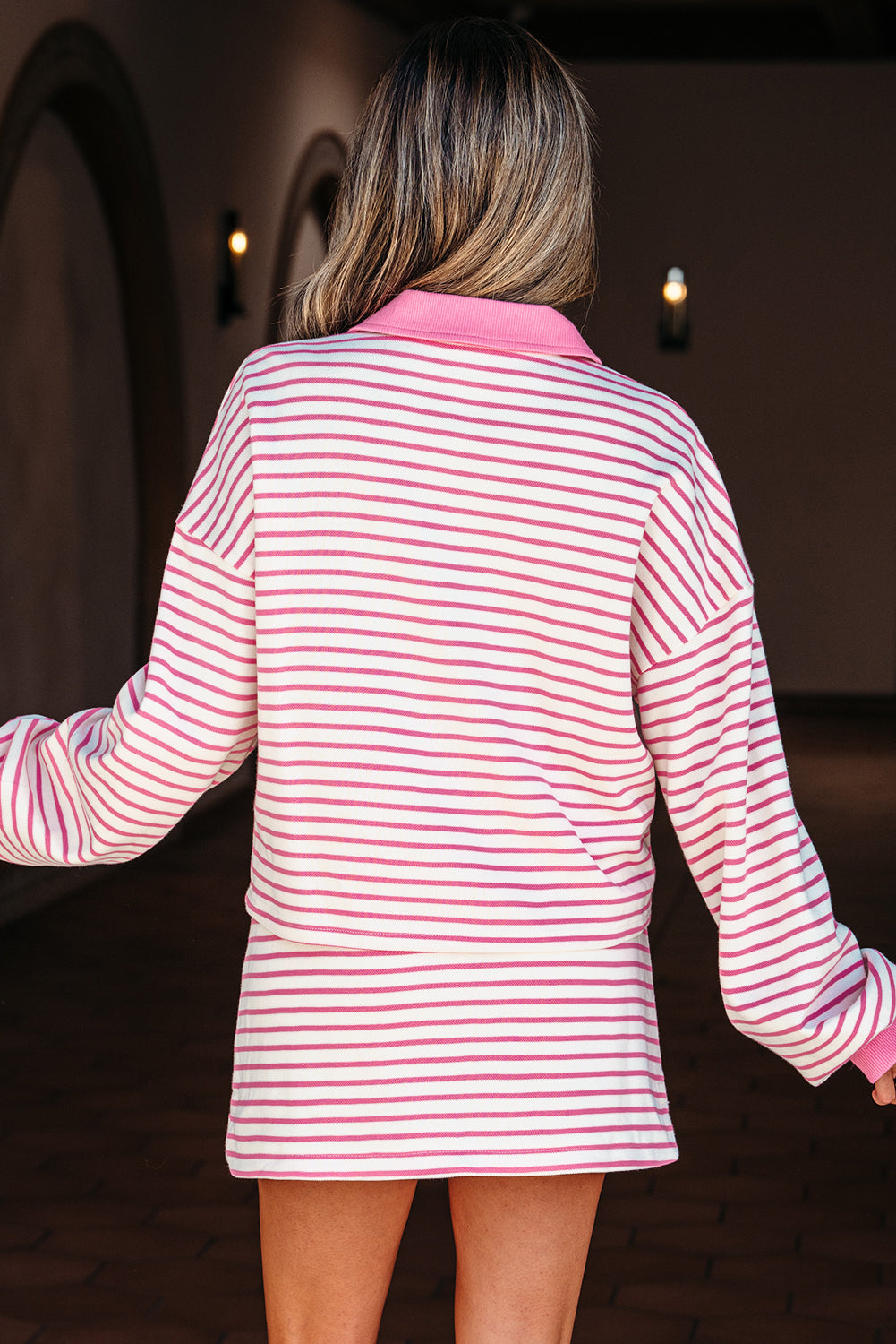 Red Stripe Collared V Neck Drop Shoulder Pullover and Skort 2pcs Outfit