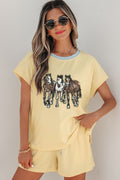 Yellow Cream Ribbed Knit Two Piece Set Sequin Horse Patched Casual Short Set