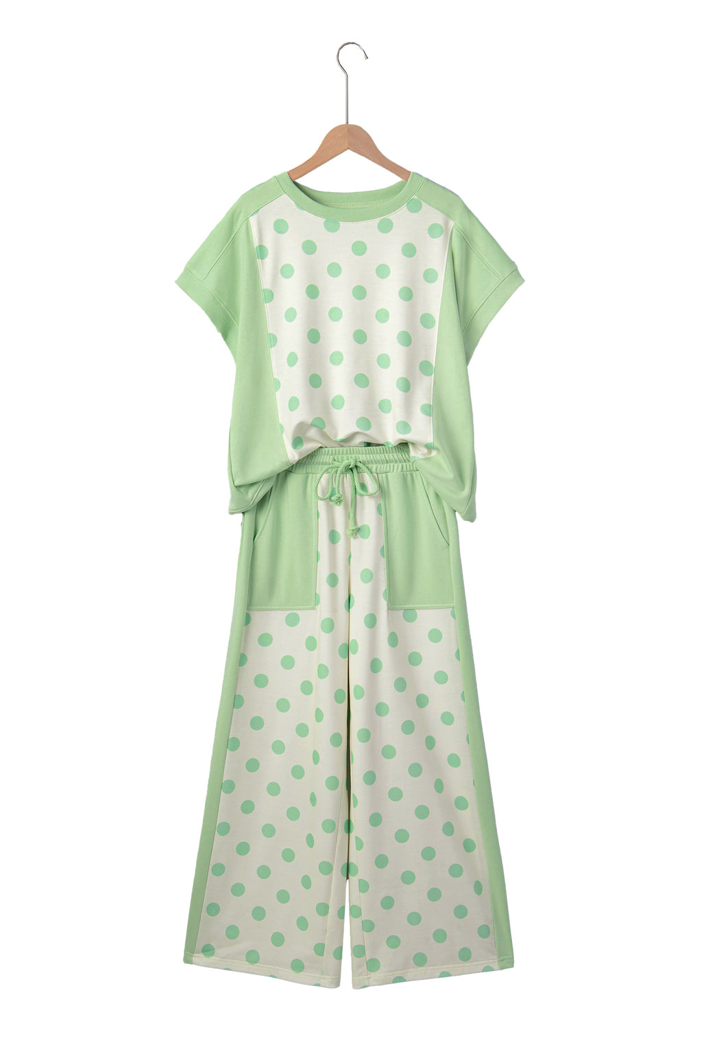 Pink Color Block Patchwork Polka Dot Wide Leg Pant Set