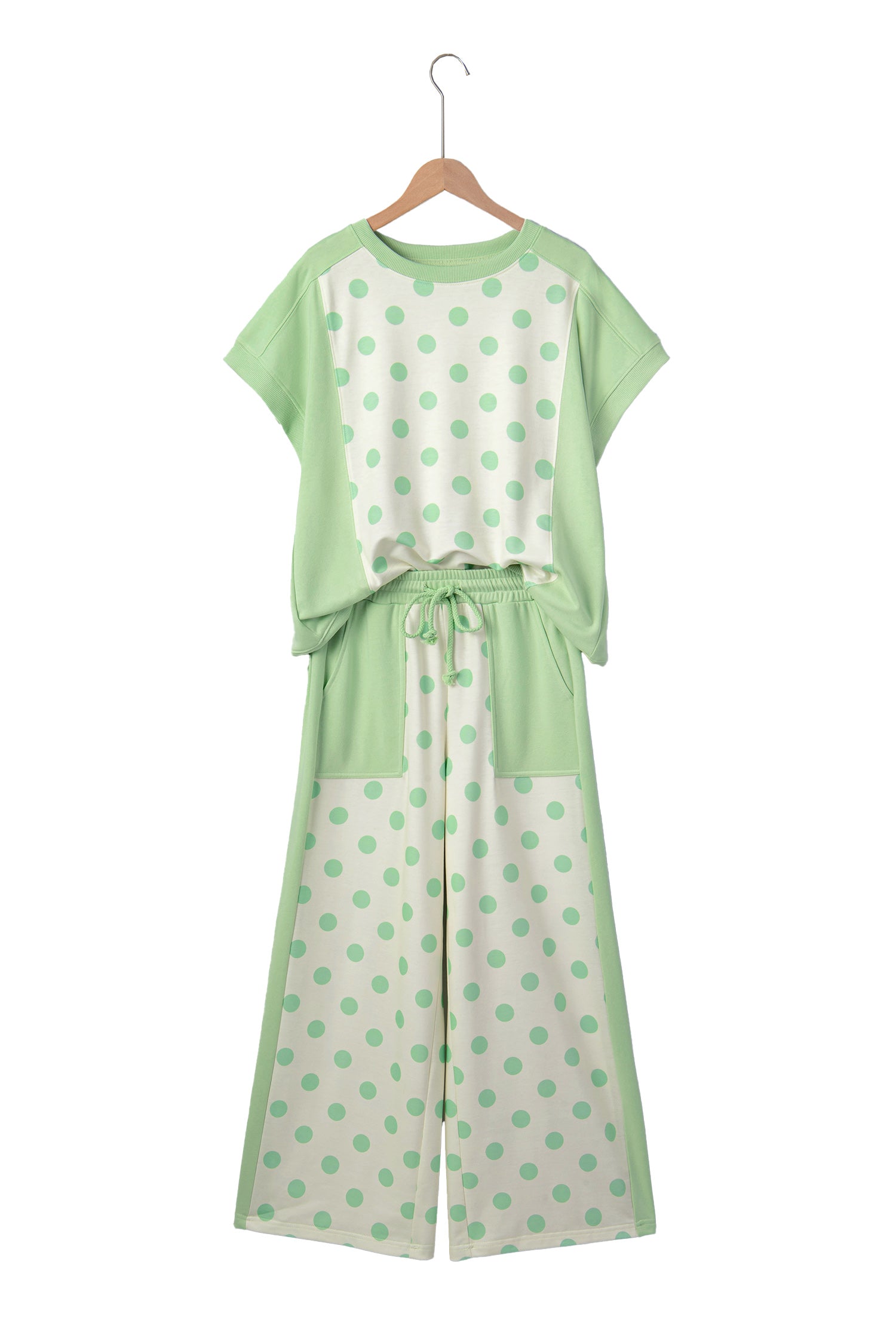 Pink Color Block Patchwork Polka Dot Wide Leg Pant Set