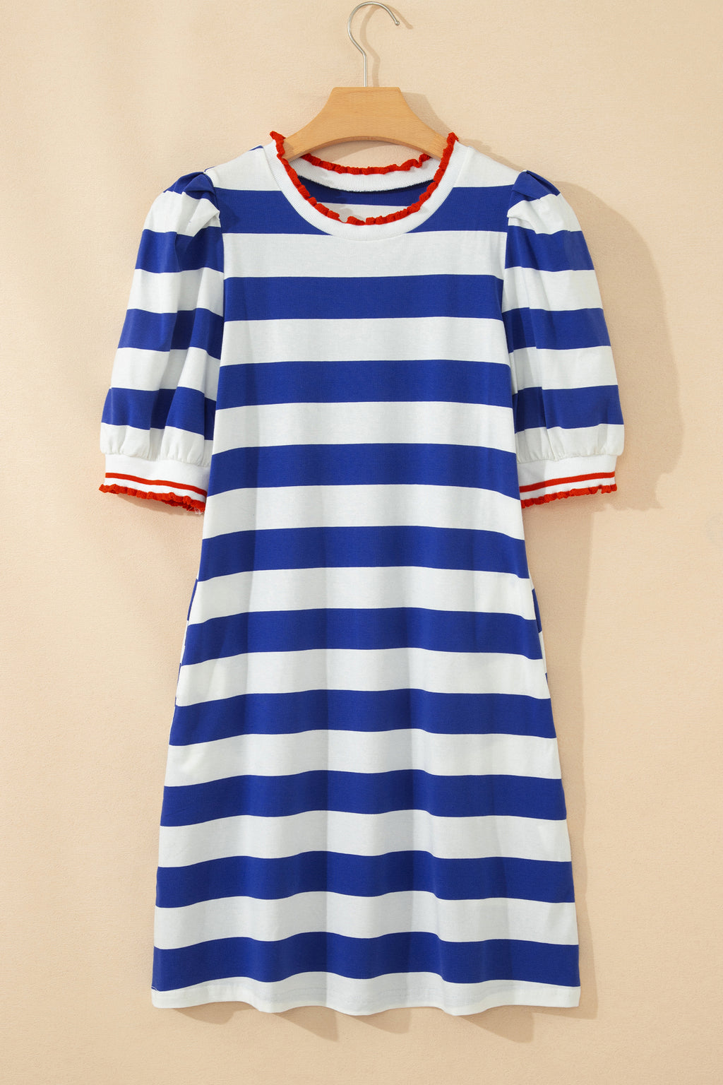 Red Stripe Contrast Trim Round Neck Short Puff Sleeve Shift Mini Dress