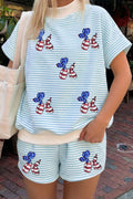 Sky Blue Stripe Patriotic Sequin Balloon Dog Relaxed 2pcs Short Set