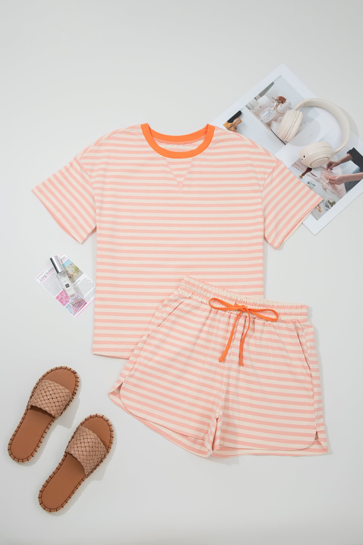 Sky Blue Stripe Contrast Neck Loose Tee and Drawstring Shorts Set