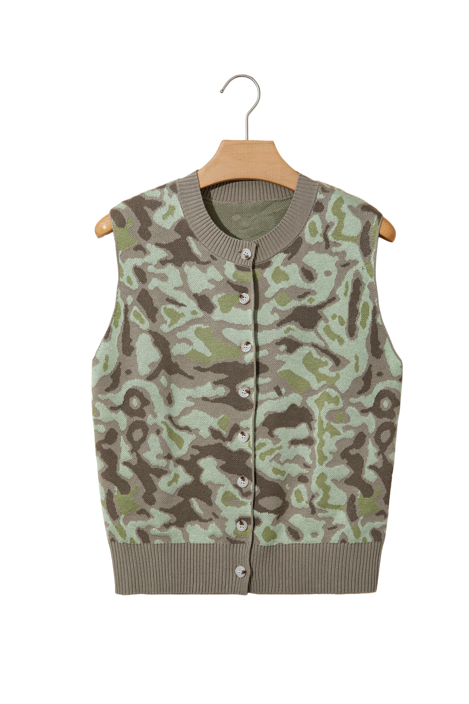 Green Camo Print Button Front Loose Sweater Vest