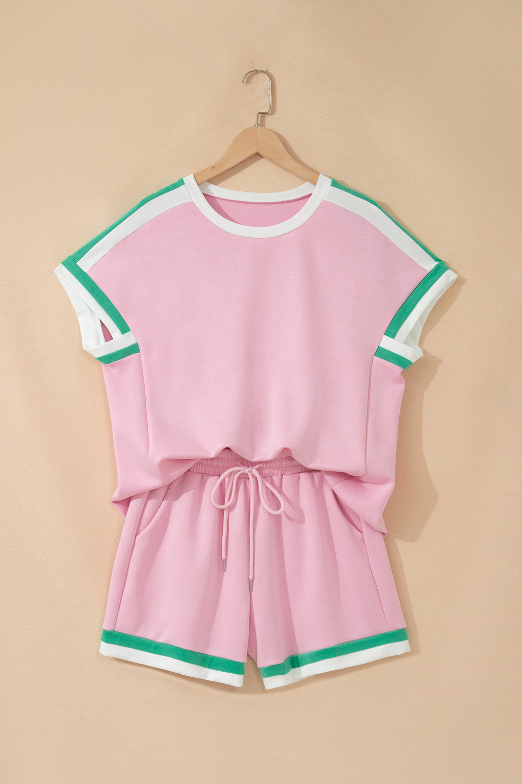 Bonbon Striped Trim Casual Tee Drawstring Shorts 2pcs Set