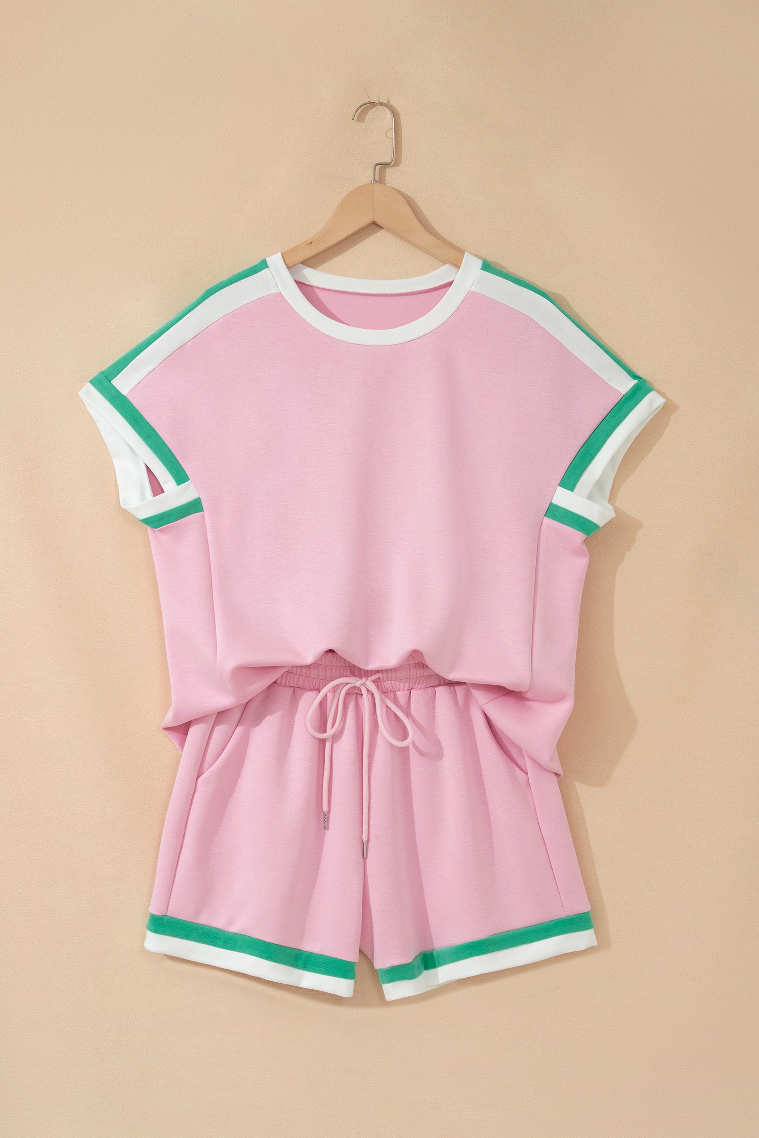 Bonbon Striped Trim Casual Tee Drawstring Shorts 2pcs Set