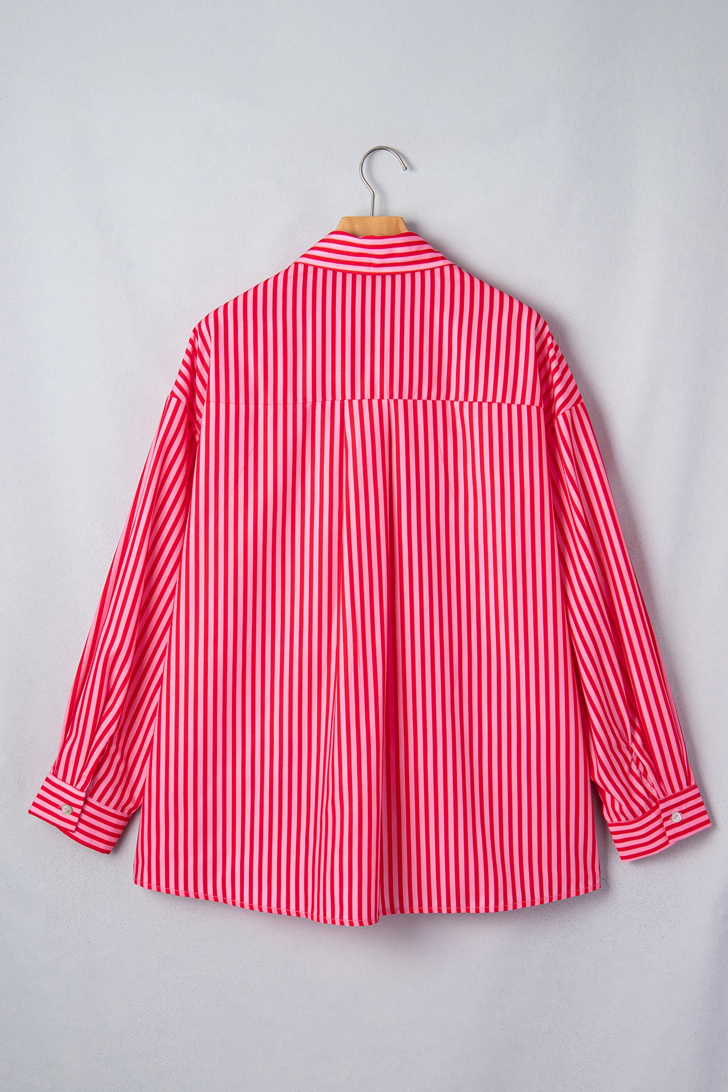Red Stripe Button-Up Shirt Long Sleeve Patch Pocket Casual Shirt