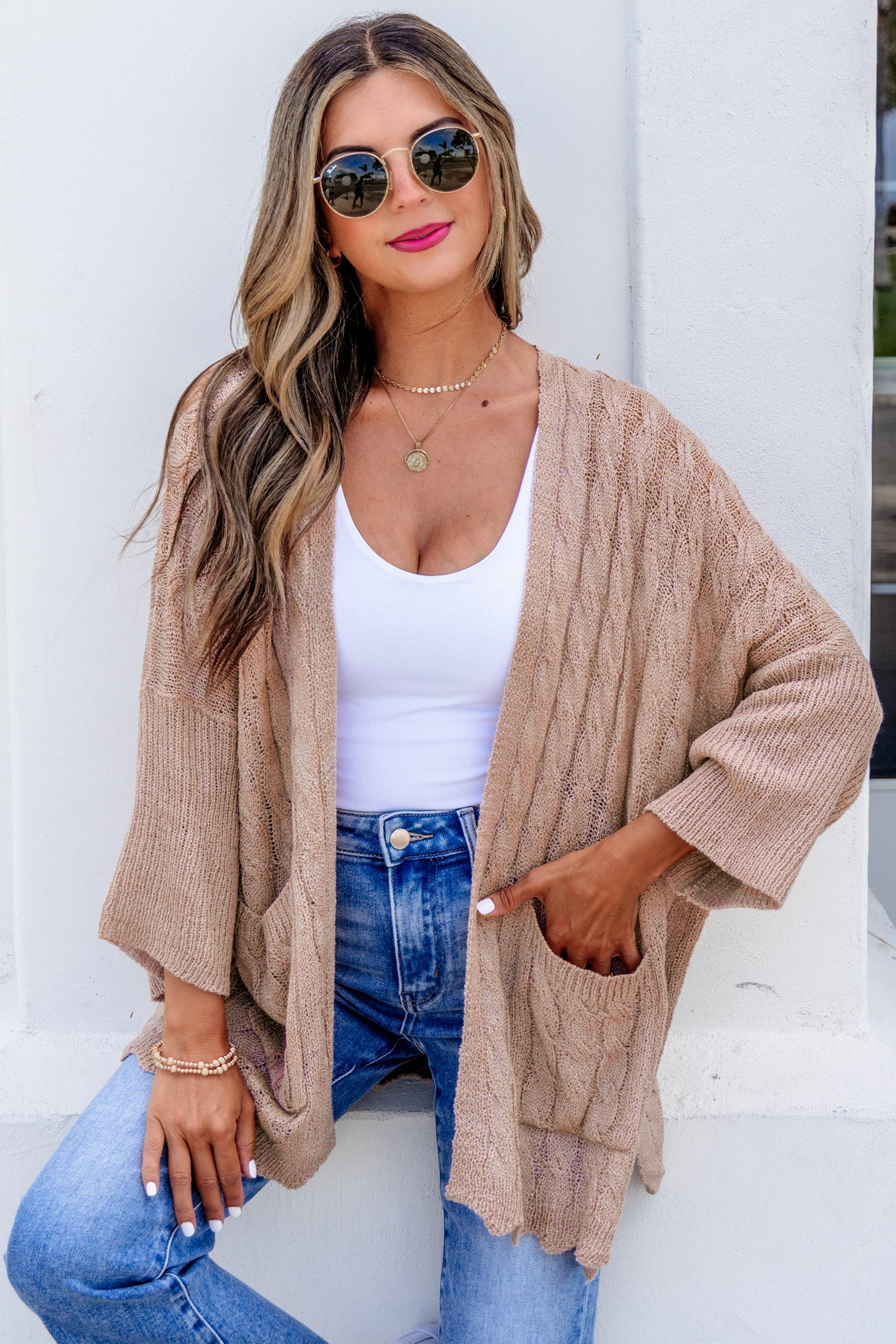 Old Rose Drop Shoulder Crochet Knit Open Front Cardigan