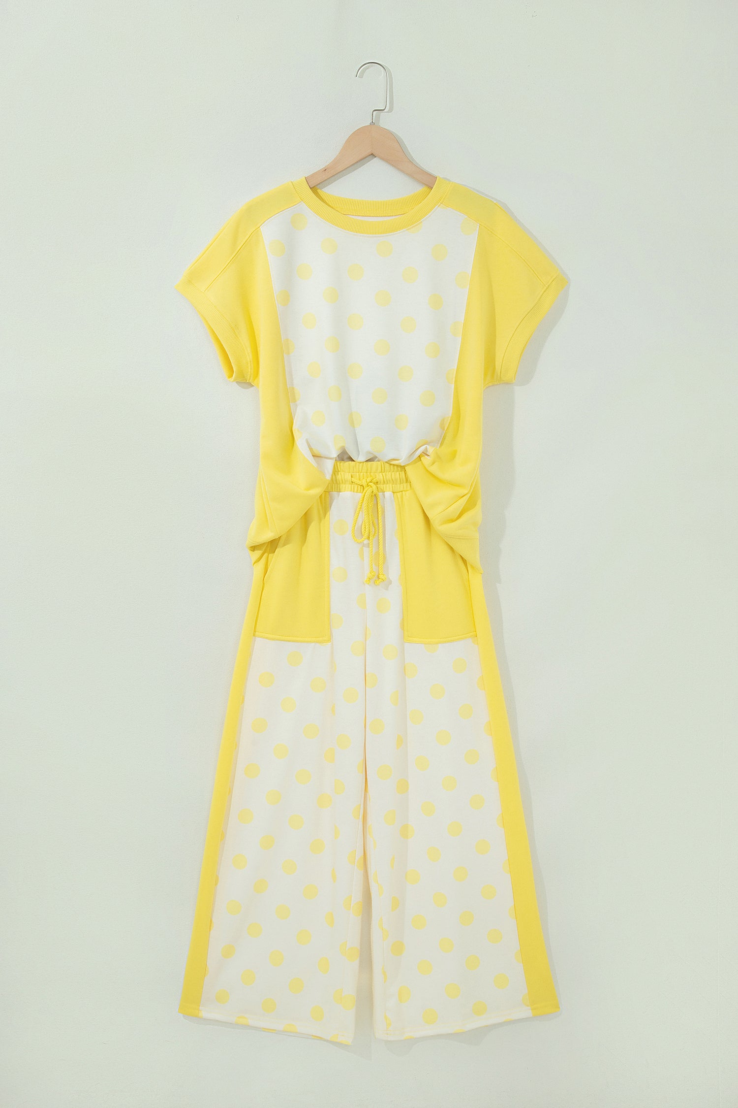 Pink Color Block Patchwork Polka Dot Wide Leg Pant Set