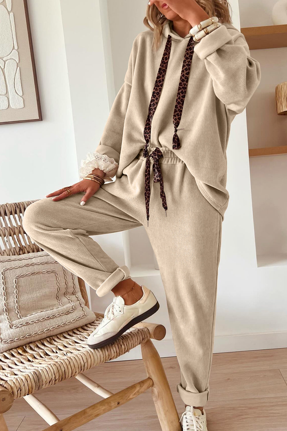 Casual Lace Drawstring Pullover Hoodie and High Waist Pants Corduroy Suit
