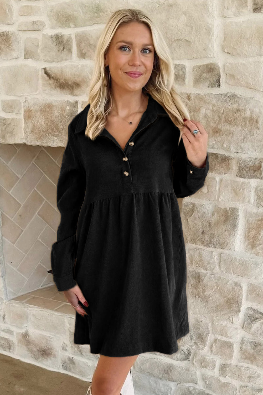 Vineyard Green Corduroy Half Button Collared Long Sleeve Mini Dress
