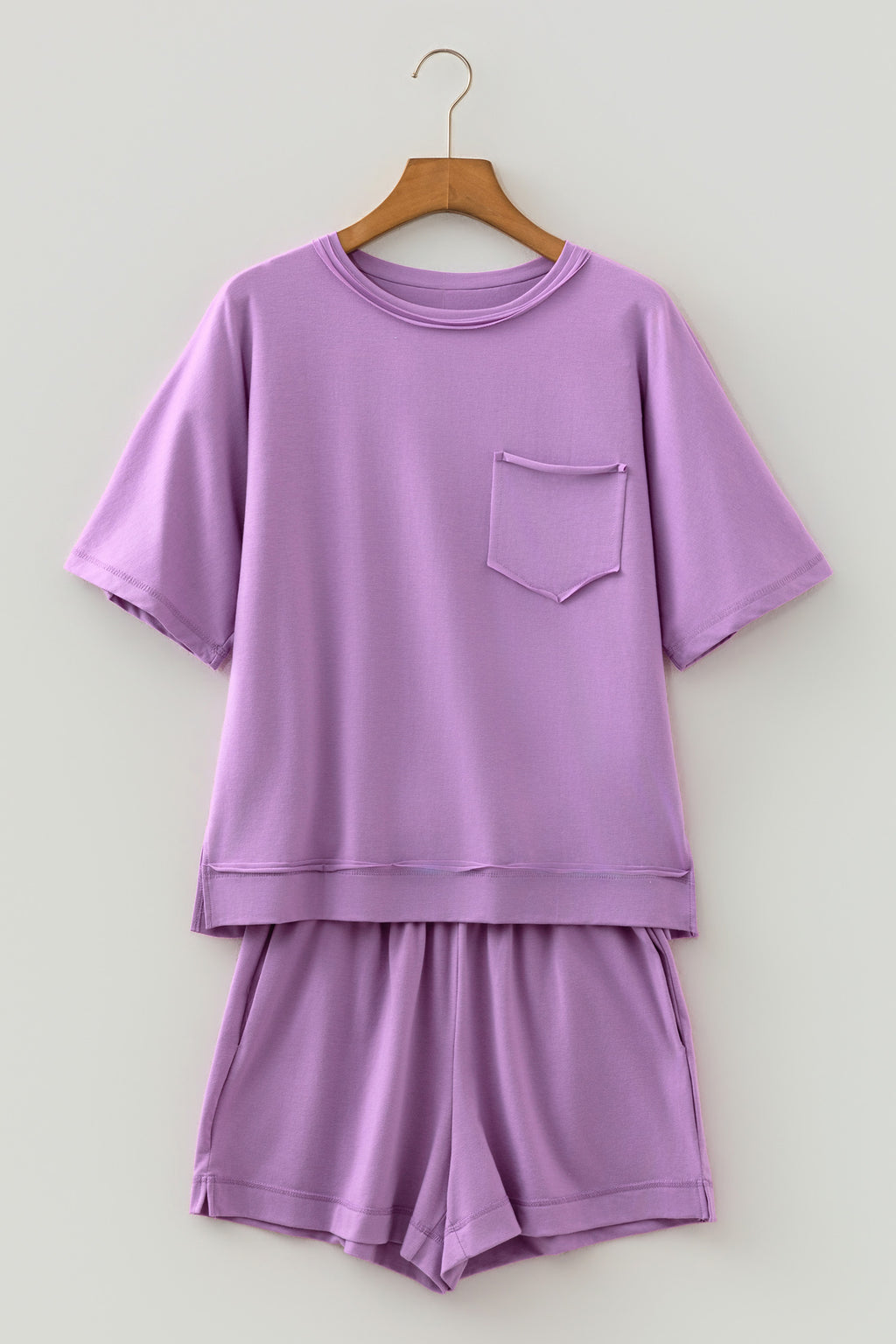 Strawberry Pink Raw Edge Patch Pocket Oversized Top and Shorts Set