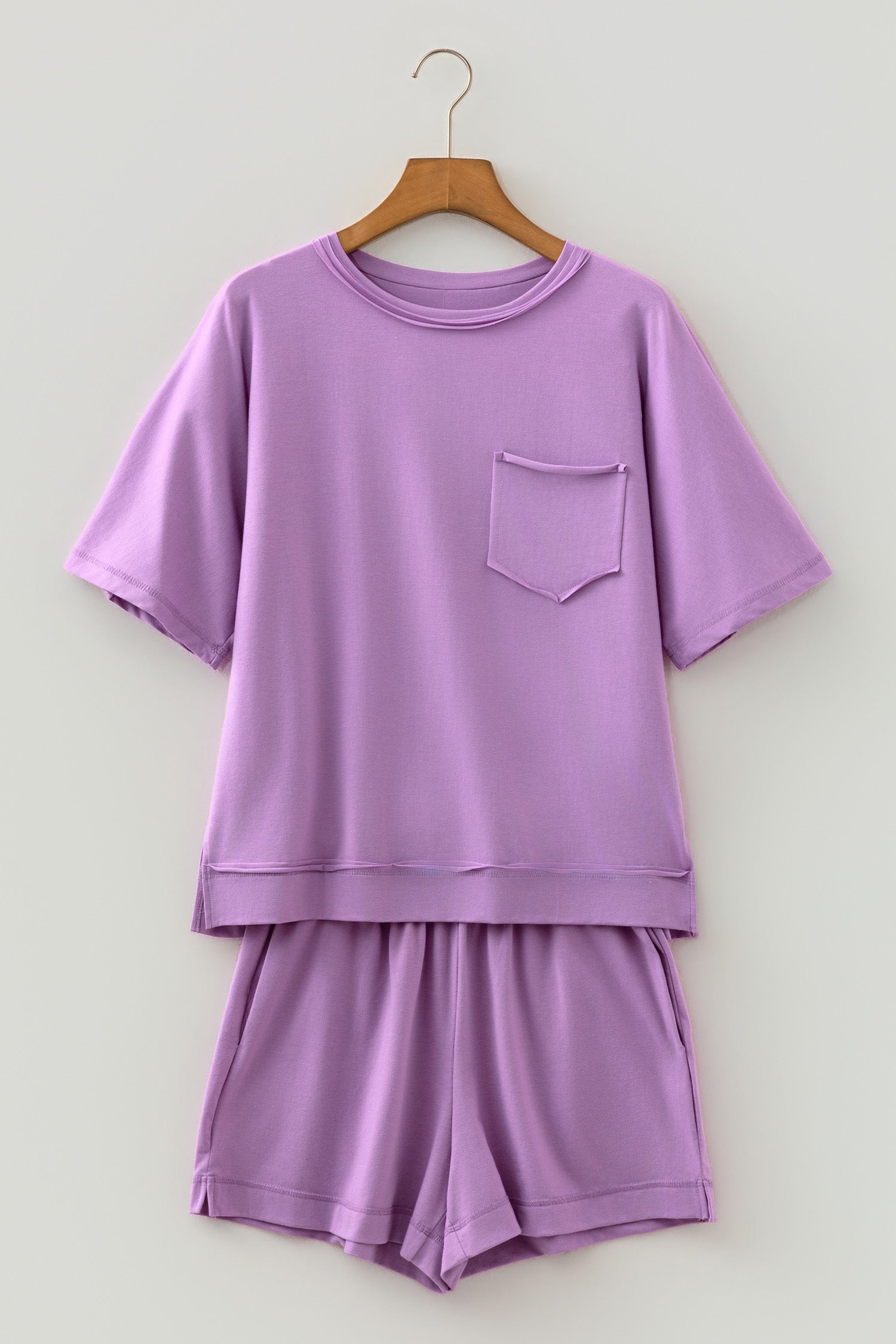 Strawberry Pink Raw Edge Patch Pocket Oversized Top and Shorts Set