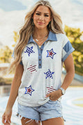 Light Grey Color Block Polo Neck Patriotic Sequin Star Graphic Polo Tee