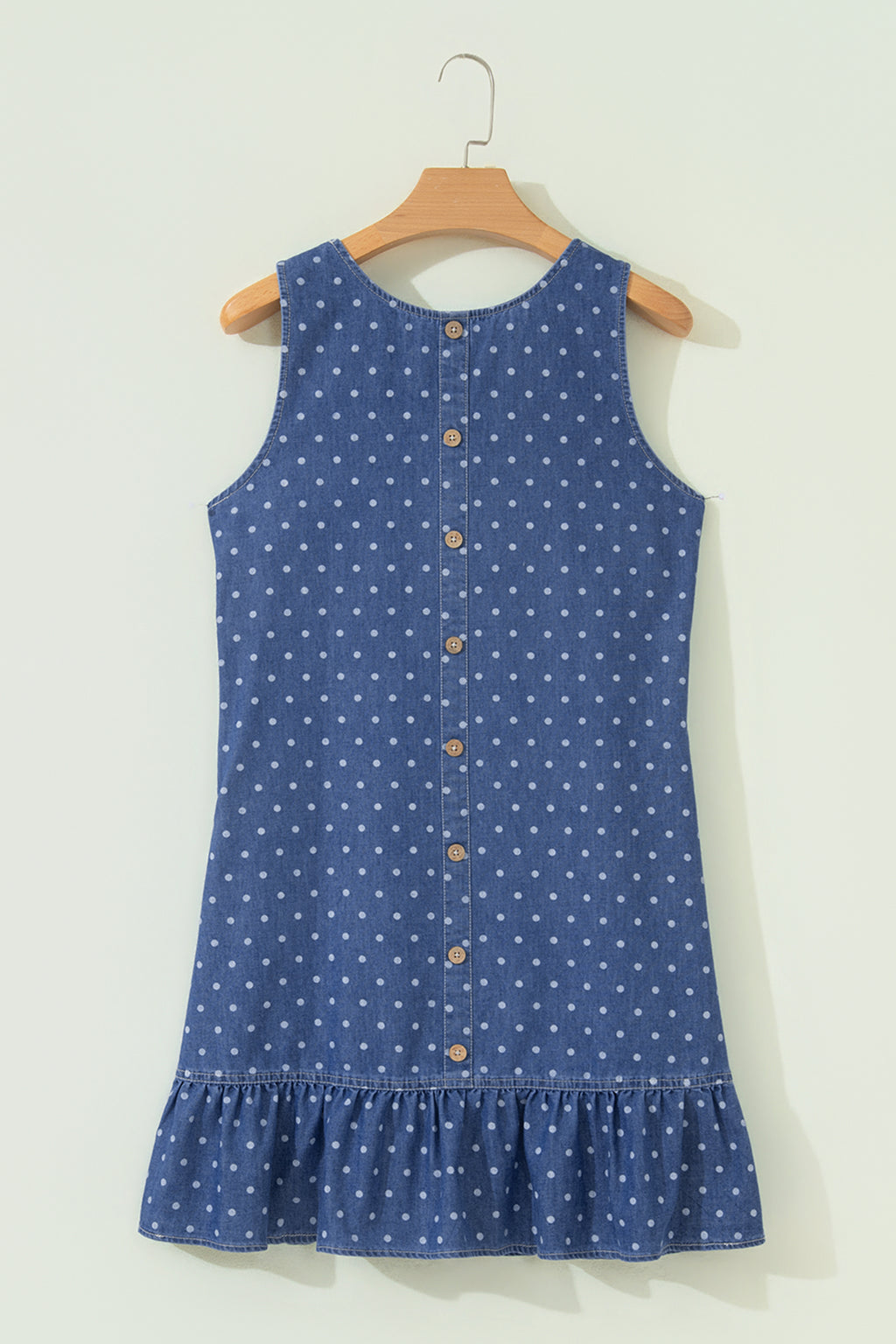 Blue Polka Dot Ruffle Hem Sleeveless Denim Mini Dress