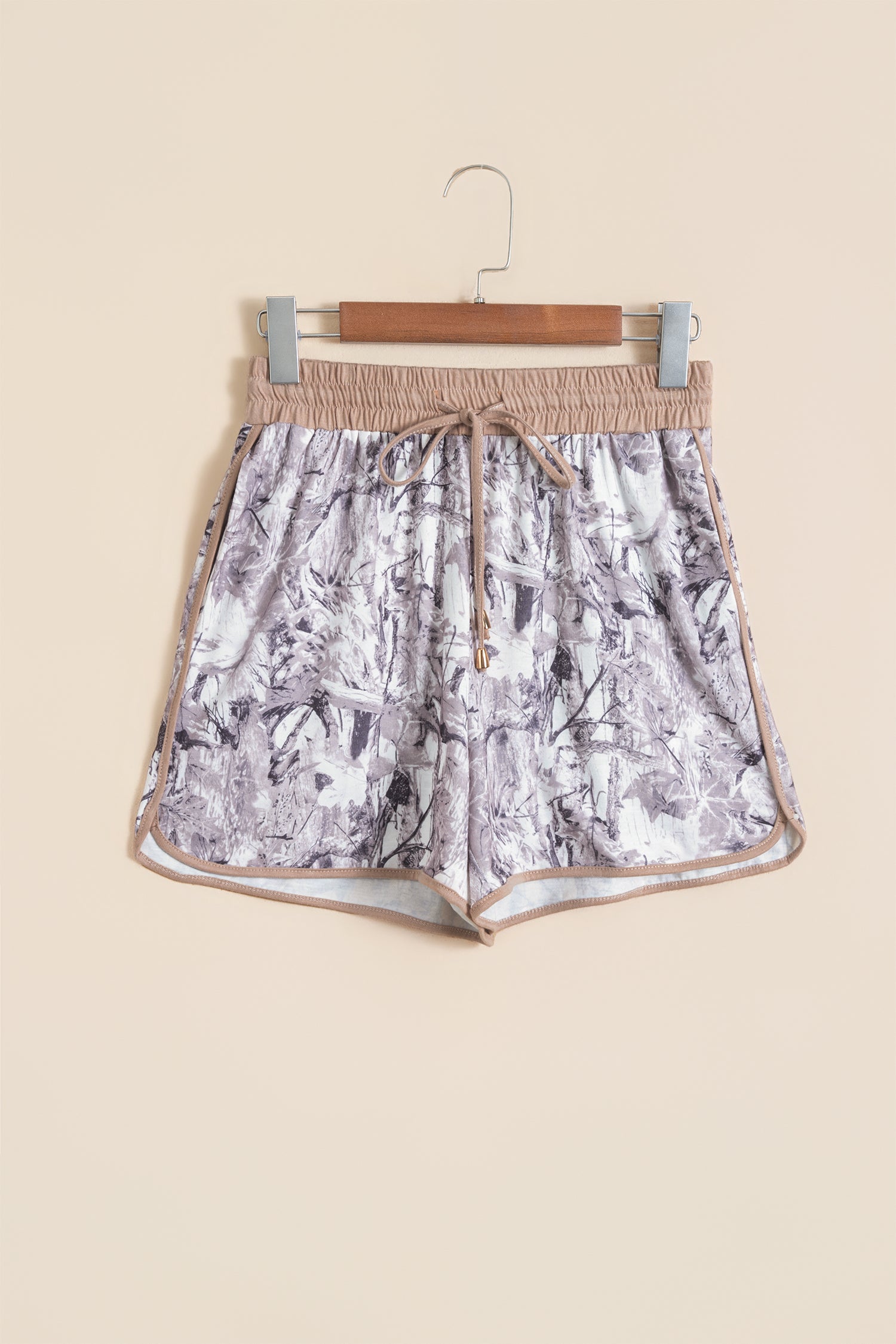 Khaki Camo Woodland Print Drawstring Active Shorts