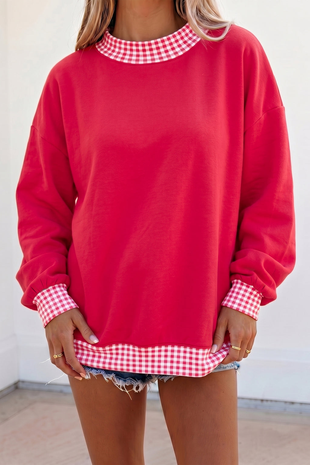 Racing Red Colorblock Polka Dot Contrast Trim Oversized Sweatshirt