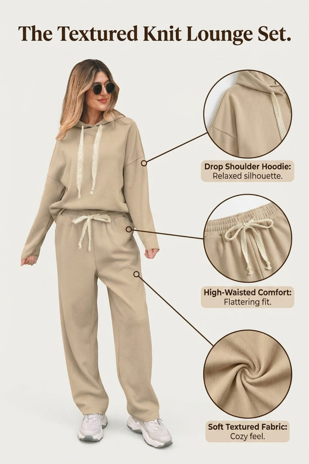 Casual Lace Drawstring Pullover Hoodie and High Waist Pants Corduroy Suit