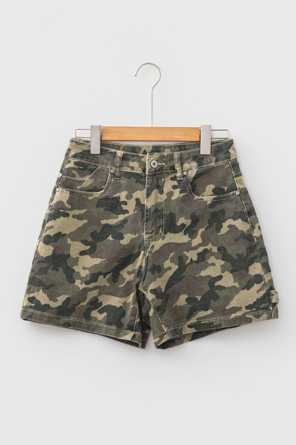 Green Camouflage High Rise Denim Shorts
